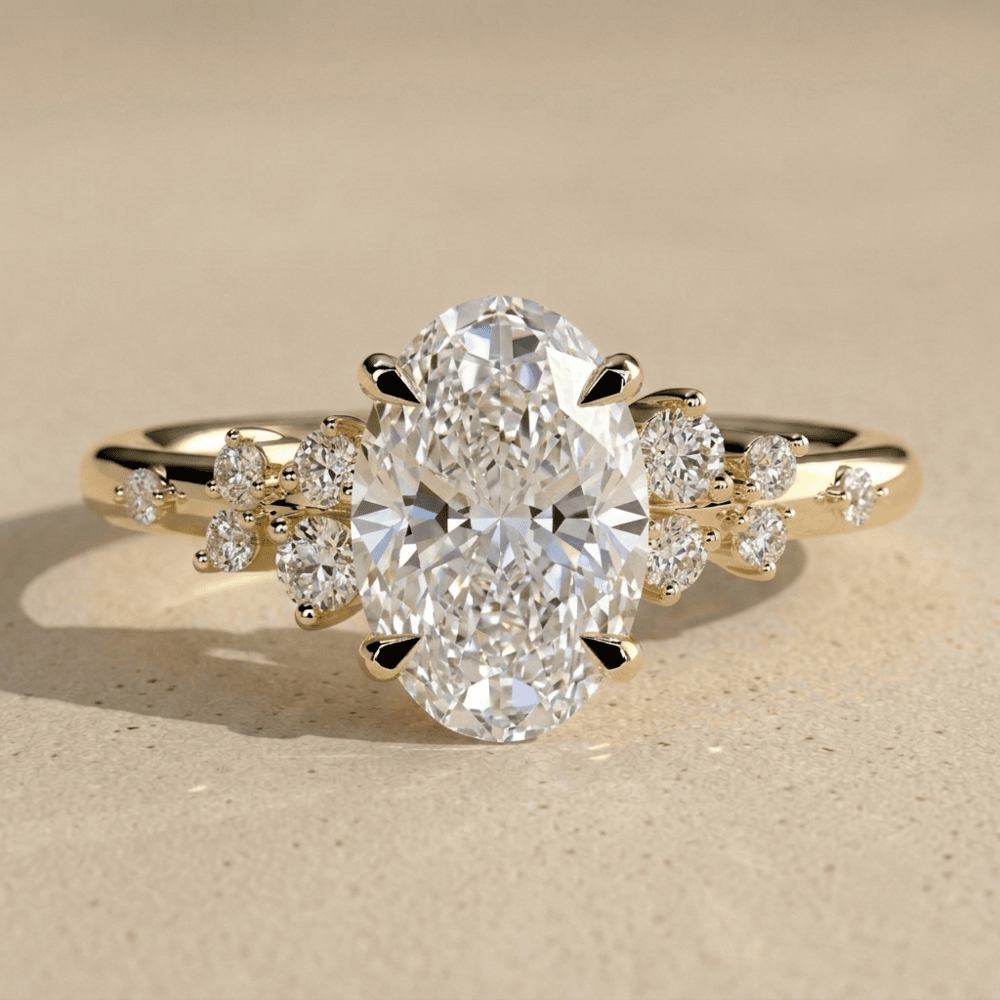 Oval cluster moissanite bridal ring in yellow gold