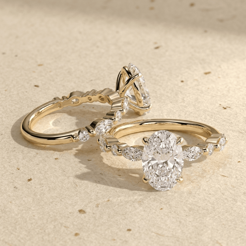 Oval Moissanite Engagement Ring with Dainty Marquise Band in 14K Gold - view 6