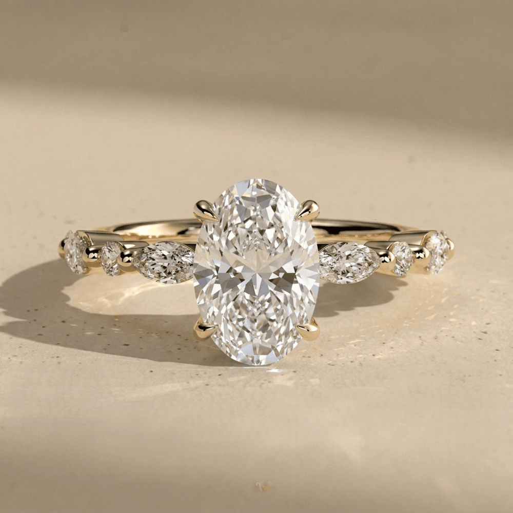 Oval solitaire moissanite ring with gold band
