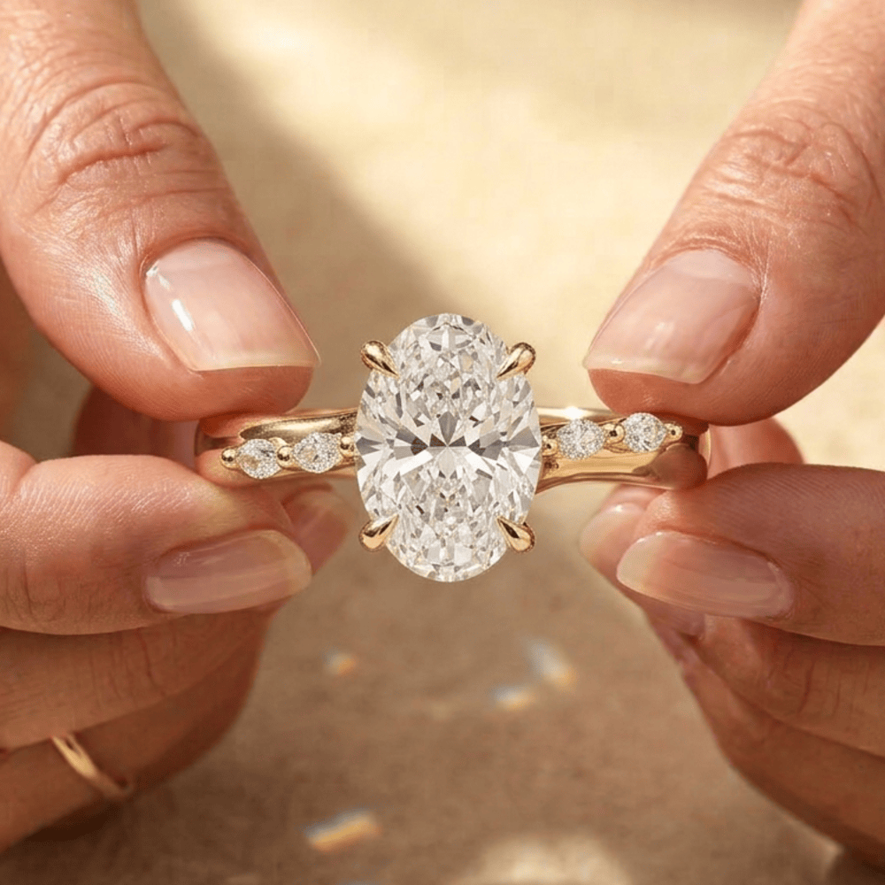 Elegant oval moissanite hidden halo ring for proposal