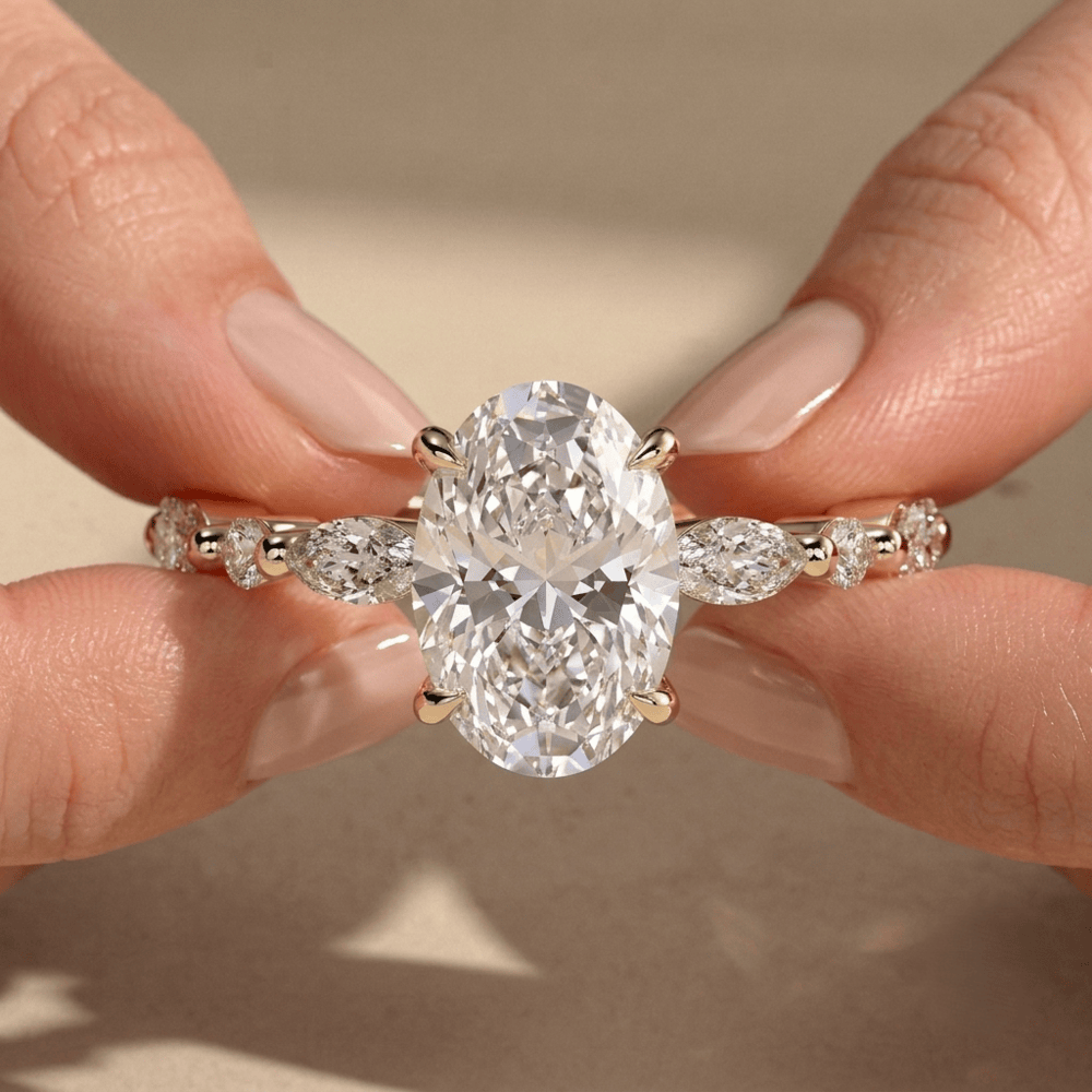 Oval moissanite solitaire ring with hidden halo setting