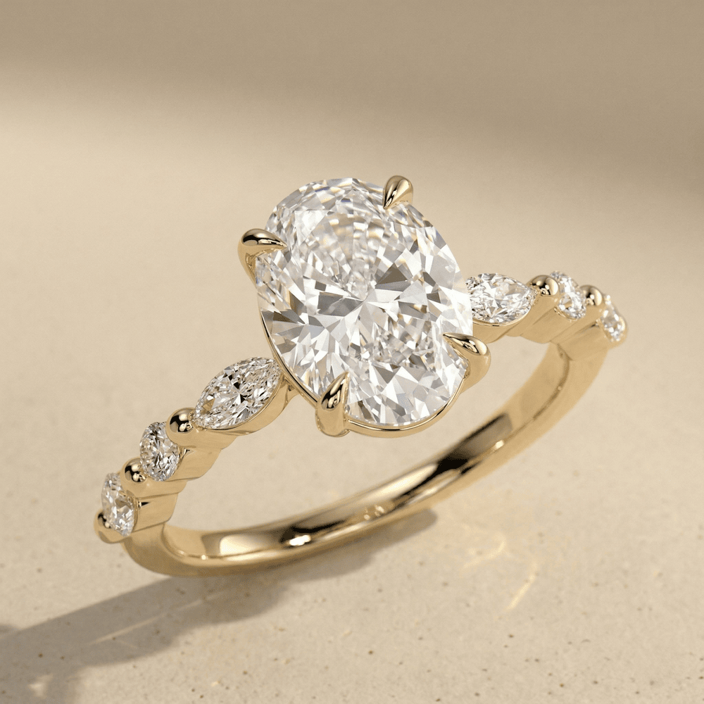 Oval hidden halo moissanite ring with side stones, side view