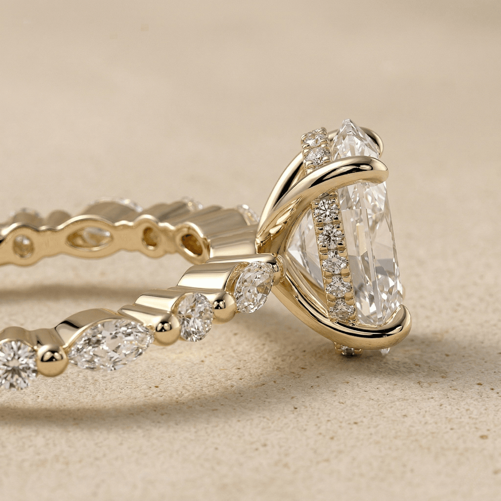 Oval moissanite engagement ring with hidden halo design