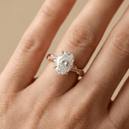 Oval moissanite bridal ring with hidden halo detail