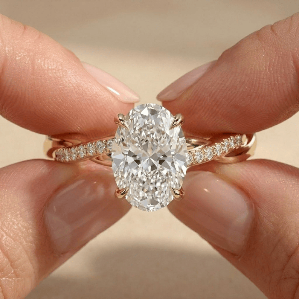 Oval moissanite engagement ring with twisted band
