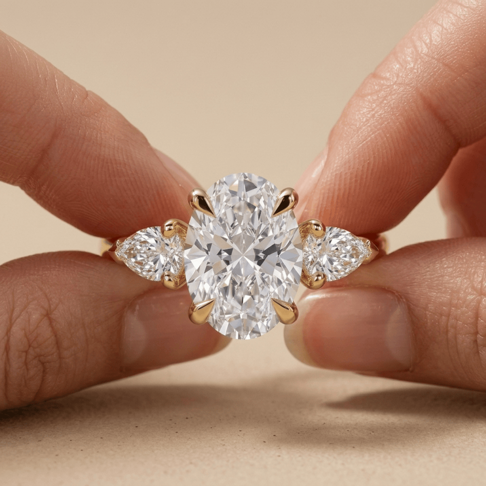Oval moissanite promise ring with elegant cathedral setting