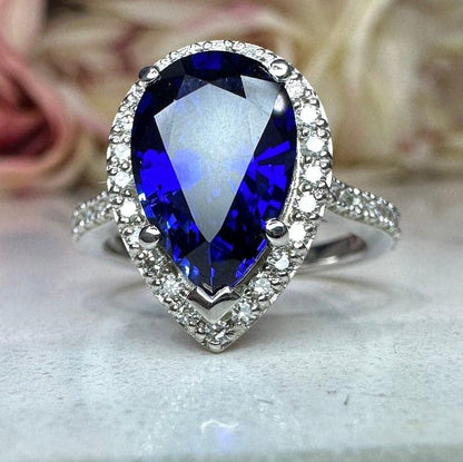 Pear Blue sapphire wedding halo 3.45ctw 14k white gold ring - JBR Jeweler