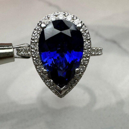 Pear Blue sapphire wedding halo 3.45ctw 14k white gold ring - JBR Jeweler