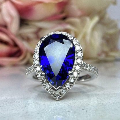 Pear Blue sapphire wedding halo 3.45ctw 14k white gold ring - JBR Jeweler