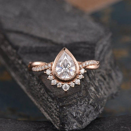 Pear Cut 1.50CT Bezel Set Diamond Rose Gold Intertwined Moissanite Engagement Wedding Ring Set - JBR Jeweler