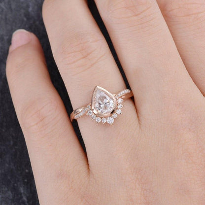 Pear Cut 1.50CT Bezel Set Diamond Rose Gold Intertwined Moissanite Engagement Wedding Ring Set - JBR Jeweler