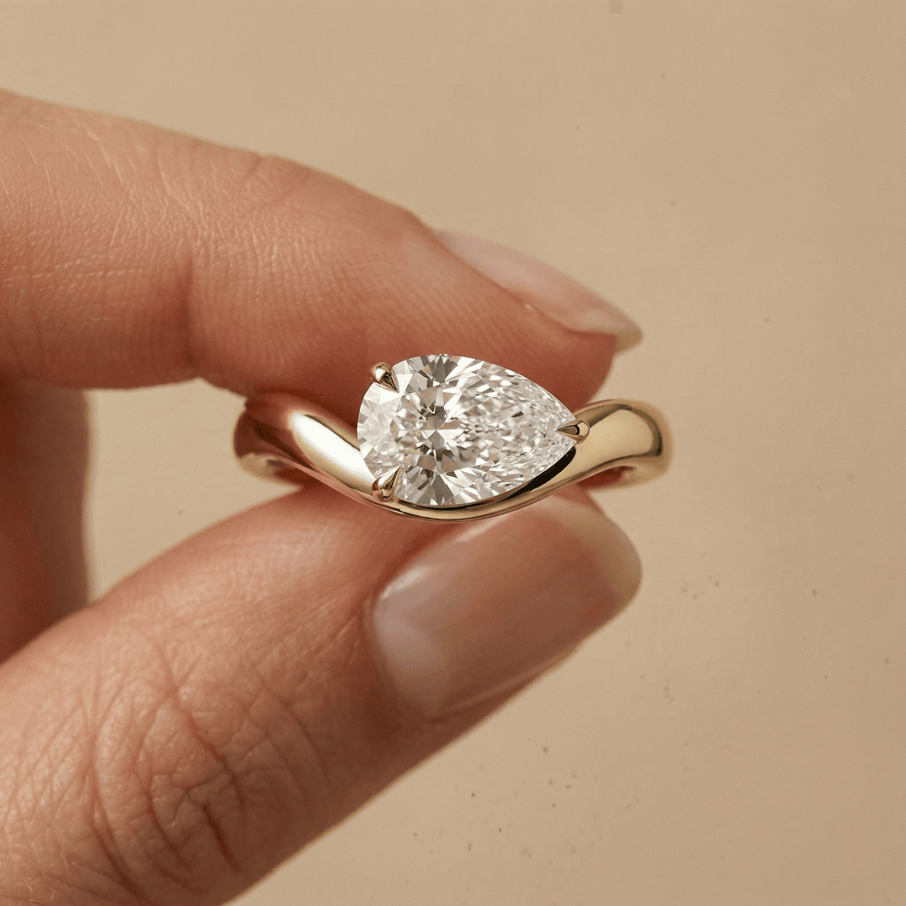 Pear Moissanite East West Solitaire Promise Ring, Wave Band - view 8