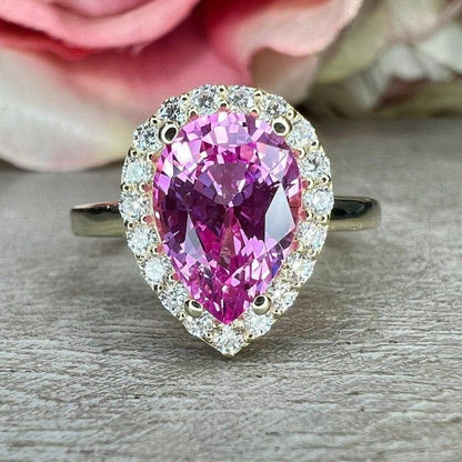 Pink sapphire Pear shaped & moissanite halo Engagement ring - JBR Jeweler