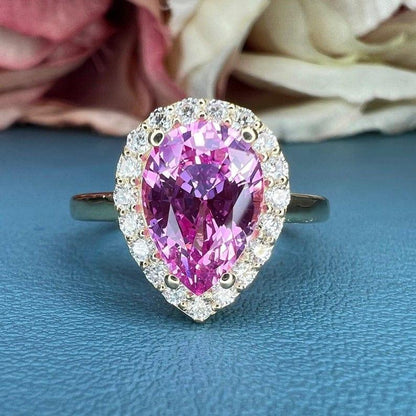 Pink sapphire Pear shaped & moissanite halo Engagement ring - JBR Jeweler