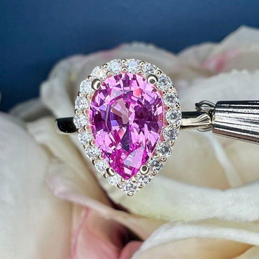 Pink sapphire Pear shaped & moissanite halo Engagement ring - JBR Jeweler