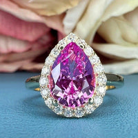 Pink sapphire Pear shaped & moissanite halo Engagement ring - JBR Jeweler