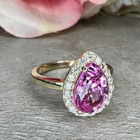 Pink sapphire Pear shaped & moissanite halo Engagement ring - JBR Jeweler