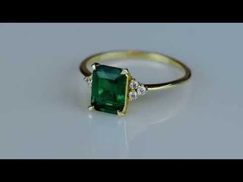 14K Gold Emerald Green Gemstone Promise Emerald Cut Birthstone Engagement Ring