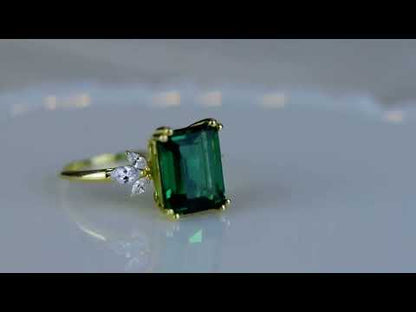 14K Solid Gold Emerald Cut Engagement Green Promise May Birthstone Ring For Gift