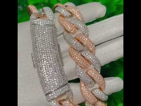 20MM 2 Tone Gold Round VVS Moissanite Diamond Cuban Miami Link Chain with Long Box Clasp