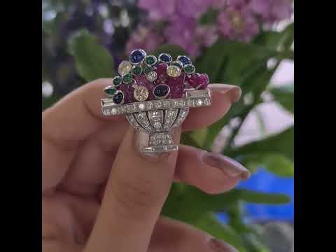 Antique French Moissanite Diamond & Gem-Set Jardiniére Art Deco Flower Basket Brooch