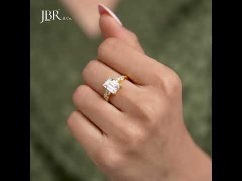 Milgrain Three Stone Emerald Moissanite Diamond Engagement Ring