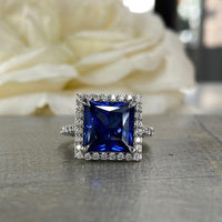 Princess Cut Blue Sapphire Halo Moissanite Engagement Rings - JBR Jeweler