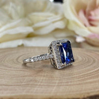 Princess Cut Blue Sapphire Halo Moissanite Engagement Rings - JBR Jeweler