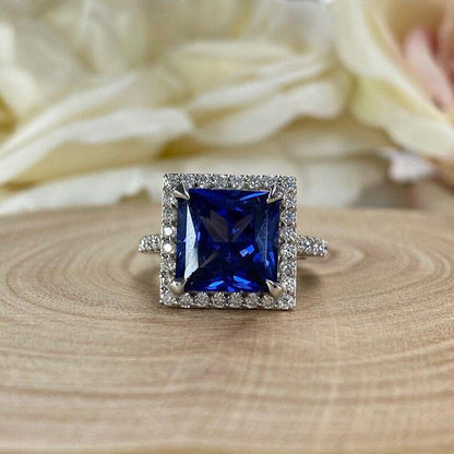 Princess Cut Blue Sapphire Halo Moissanite Engagement Rings - JBR Jeweler