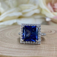 Princess Cut Blue Sapphire Halo Moissanite Engagement Rings - JBR Jeweler