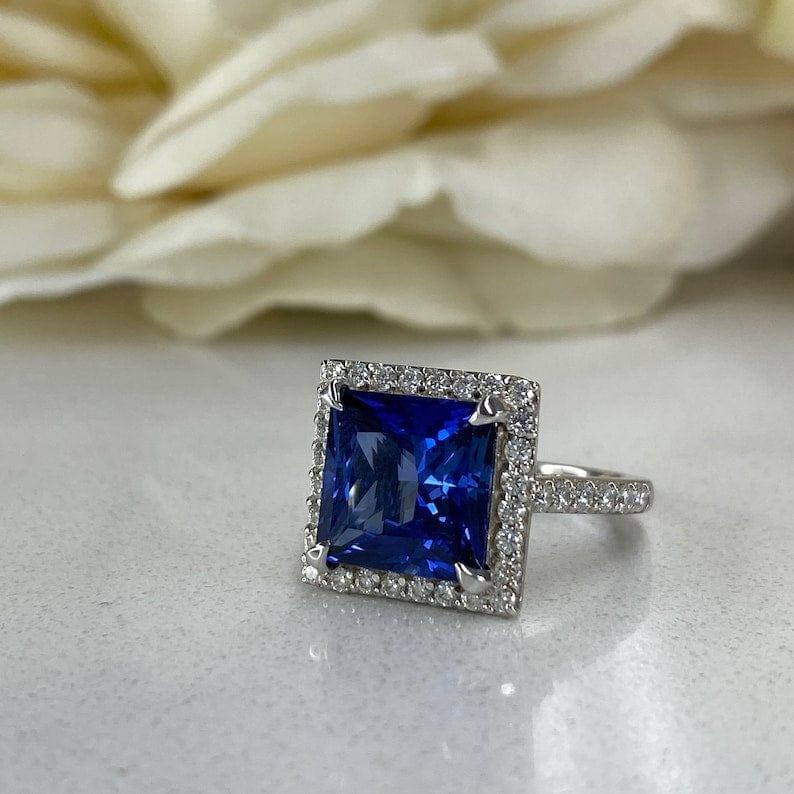 Princess Cut Blue Sapphire Halo Moissanite Engagement Rings - JBR Jeweler