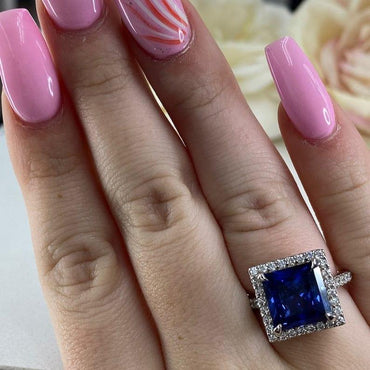 Princess Cut Blue Sapphire Halo Moissanite Engagement Rings - JBR Jeweler