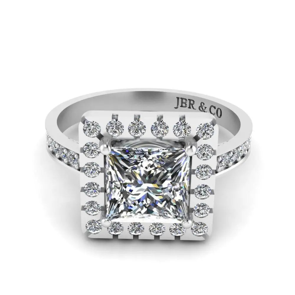Princess Cut Diamond Halo French Stud Silver Ring - JBR Jeweler