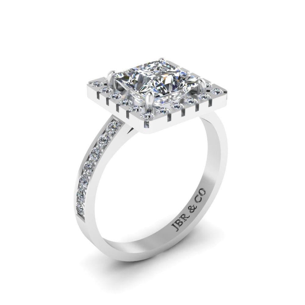 Princess Cut Diamond Halo French Stud Silver Ring - JBR Jeweler