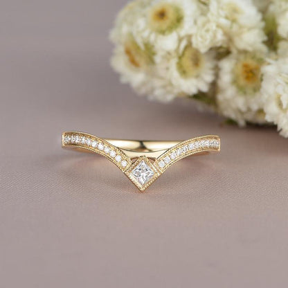 Princess Cut Yellow Gold Milgrain Detail Chevron Half Eternity Chevron Wedding Band - JBR Jeweler