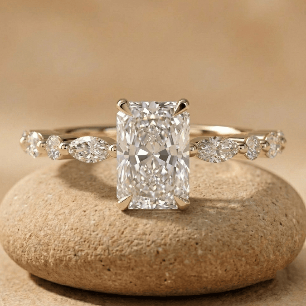 Radiant moissanite hidden halo engagement ring in 18K gold
