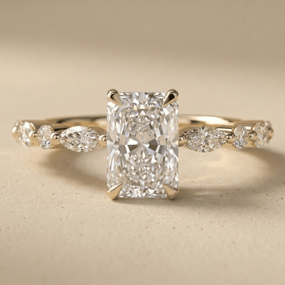 Radiant moissanite ring with hidden halo setting