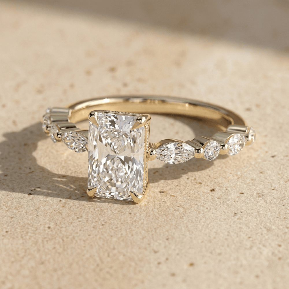 Elegant 18K gold hidden halo moissanite ring close up