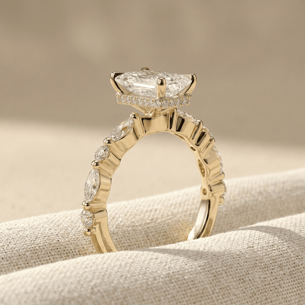 Elegant hidden halo radiant moissanite ring for a proposal