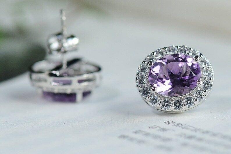 Real Oval Cut Purple Amethyst Gemstone Stud 3ct+3ct Earring 4 Prong Stud Earring - JBR Jeweler