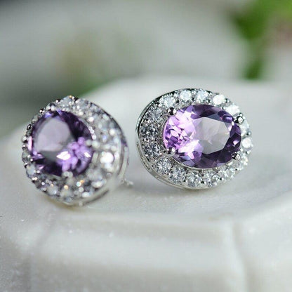 JBR Jeweler Gamestone Earring Real Oval Cut Purple Amethyst Gemstone Stud 3ct+3ct Earring 4 Prong Stud Earring