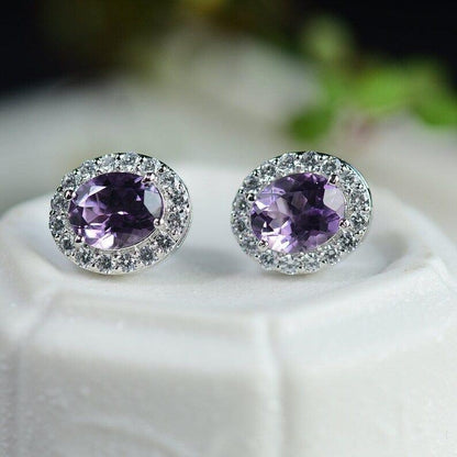 JBR Jeweler Gamestone Earring Real Oval Cut Purple Amethyst Gemstone Stud 3ct+3ct Earring 4 Prong Stud Earring