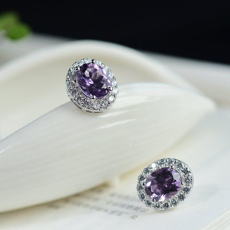 JBR Jeweler Gamestone Earring Real Oval Cut Purple Amethyst Gemstone Stud 3ct+3ct Earring 4 Prong Stud Earring