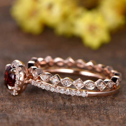 Red Garnet Engagement Bridal Set Band Art Deco Wedding ring - JBR Jeweler