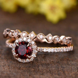 Red Garnet Engagement Bridal Set Band Art Deco Wedding ring - JBR Jeweler