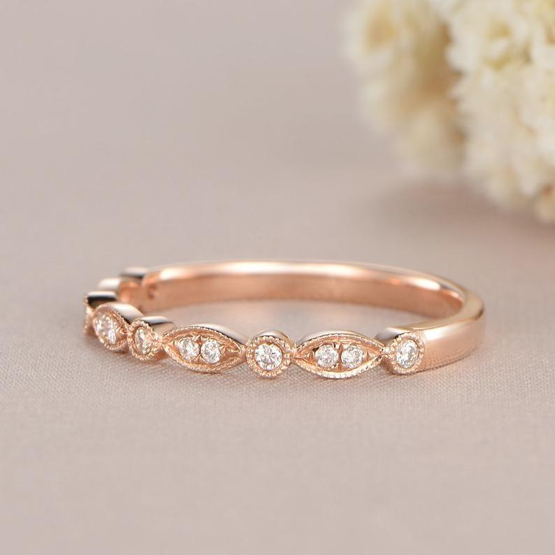 Rose Gold Round Cut Art Deco Half Eternity Milgrain Stacking Moissanite Wedding Band - JBR Jeweler