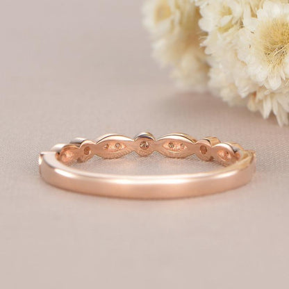 Rose Gold Round Cut Art Deco Half Eternity Milgrain Stacking Moissanite Wedding Band - JBR Jeweler