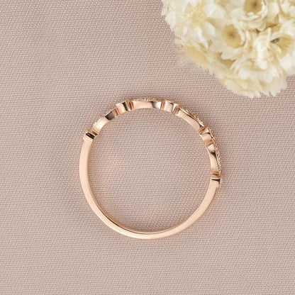 Rose Gold Round Cut Art Deco Half Eternity Milgrain Stacking Moissanite Wedding Band - JBR Jeweler