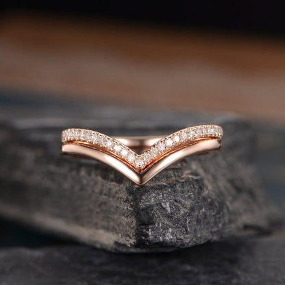 Rose Gold V Shape Curved Chevron 2Pc Matching Moissanite Promise Wedding Band - JBR Jeweler