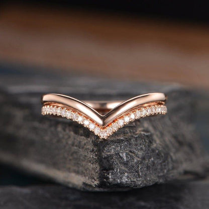 Rose Gold V Shape Curved Chevron 2Pc Matching Moissanite Promise Wedding Band - JBR Jeweler